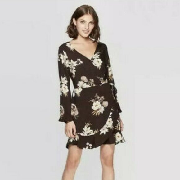 XHILARATION Faux Wrap Dress Floral Long Sleeve Ruffle Trim Cross Over Flowers L - Picture 1 of 9